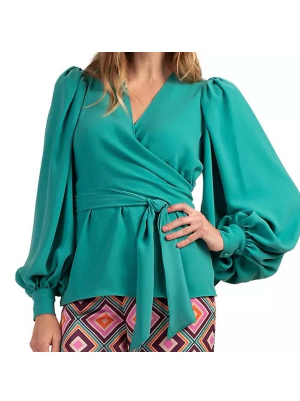NWT Trina Turk 'Aquatic' Wrap Blouse Puff-Sleeve Crepe Top Medium Atlantic